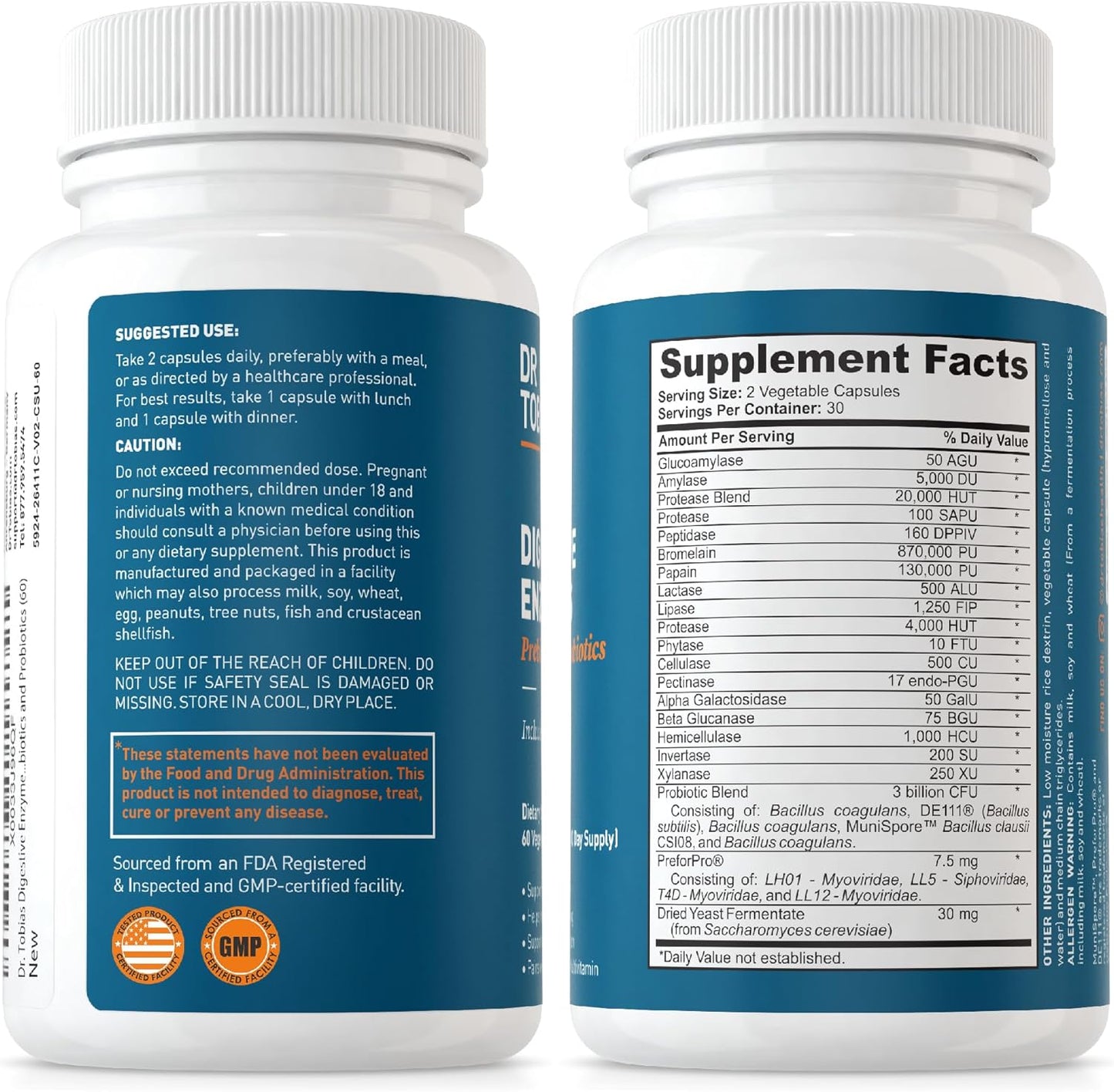 Dr. Tobias Digestive Enzymes with Probiotics, Prebiotics and Postbiotics Bromelain, Amylase, Lipase, for Better Digestion & Immune Function, 60 Capsules, 30 Servings (2 Daily)