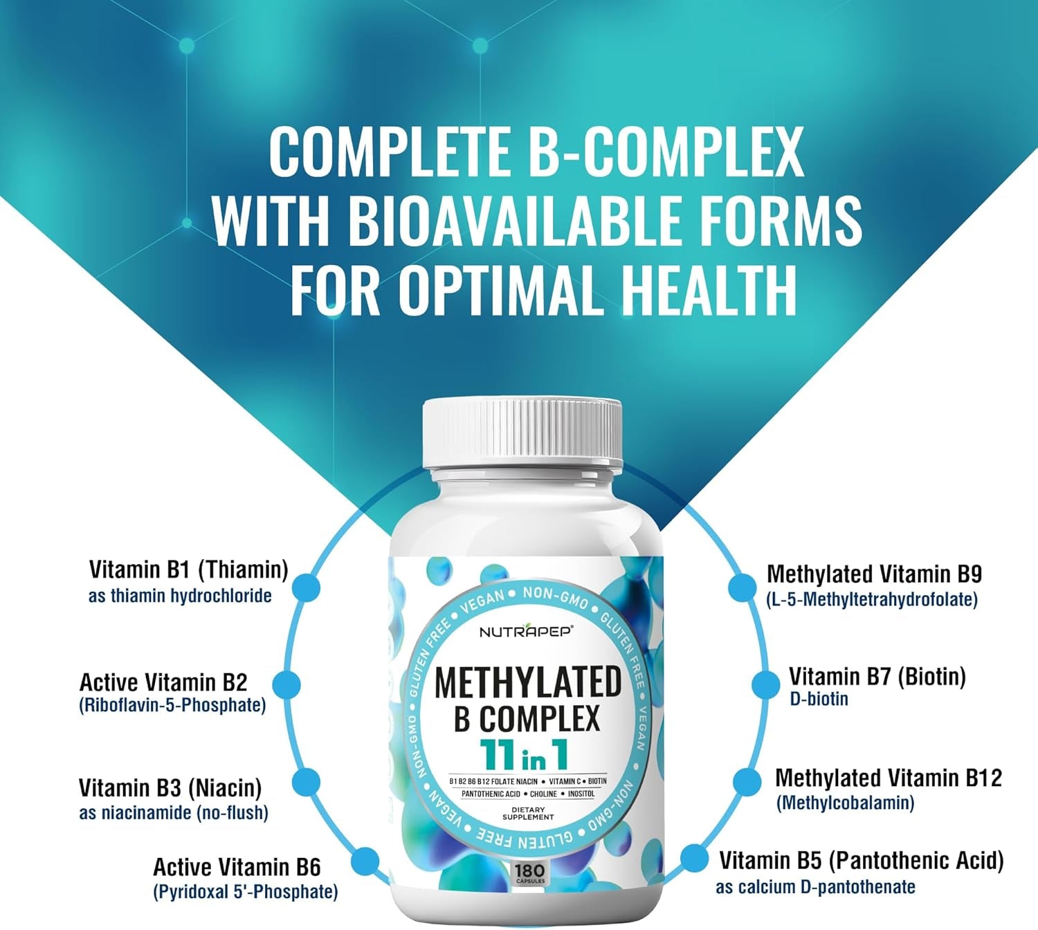 Methylated B-Complex Vitamins - Complete Methyl B Complex Multivitamin with Bioactive B9 5-MTHF B6 B12 - MTHFR Support Supplement for Brain Heart Energy - Vegan Gluten Free Sugar Free