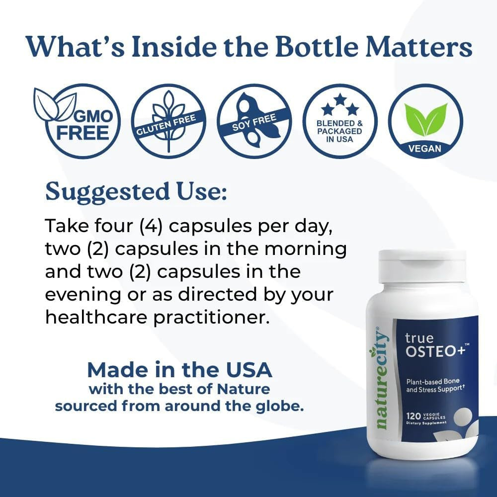 Naturecity True-Osteo Bone Support Supplement – Plant-Based Formula with Algaecal Calcium, Magnesium, Vitamin D3, K2 & Silicon | Gentle on Stomach (120 Veggie Capsules)