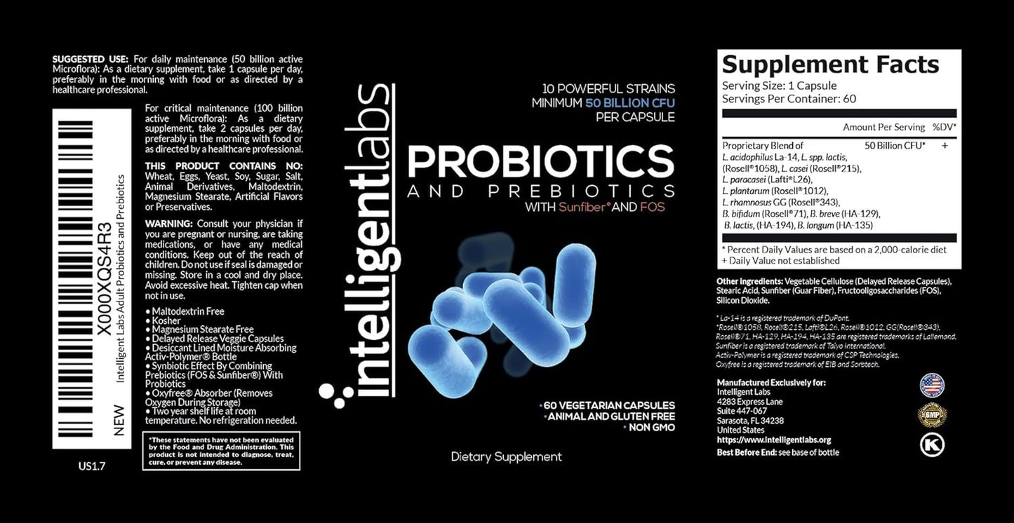 Intelligent Labs 50 Billion CFU Probiotic with Prebiotics, No Refrigeration Needed, with Sunfiber and FOS for 10X More Effectiveness, 60 Days Supply per Bottle, Third-Party Verified for Purity