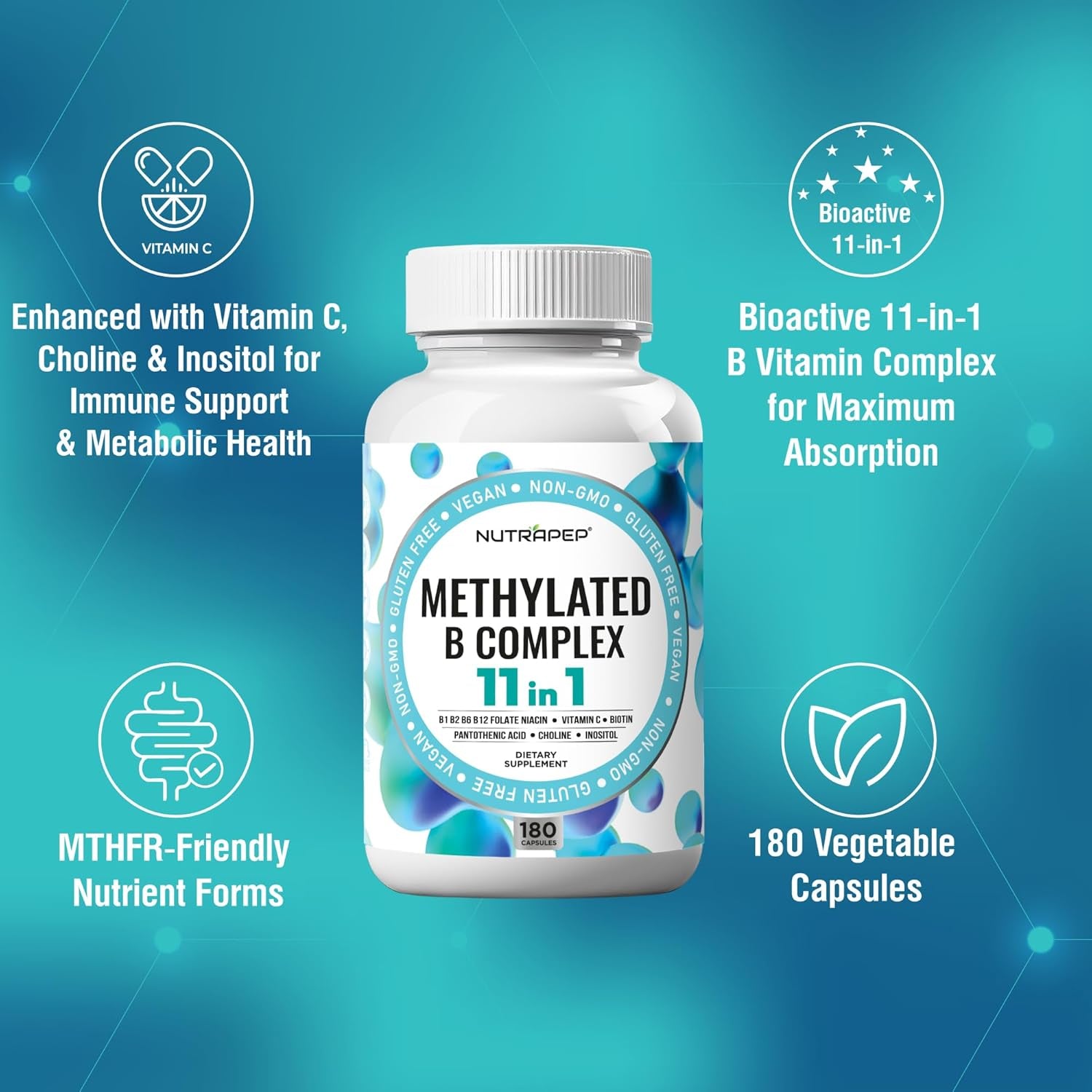 Methylated B-Complex Vitamins - Complete Methyl B Complex Multivitamin with Bioactive B9 5-MTHF B6 B12 - MTHFR Support Supplement for Brain Heart Energy - Vegan Gluten Free Sugar Free