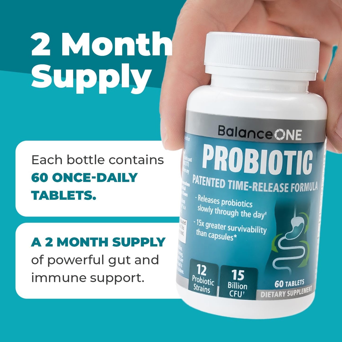 Balance ONE Probiotic for Women & Men – Time-Release Tablets for 15X Survivability – 12-Strain Formula with L. Plantarum & L. Acidophilus – Gut & Digestive Health Support – 60 Tablets (30-Day Supply)