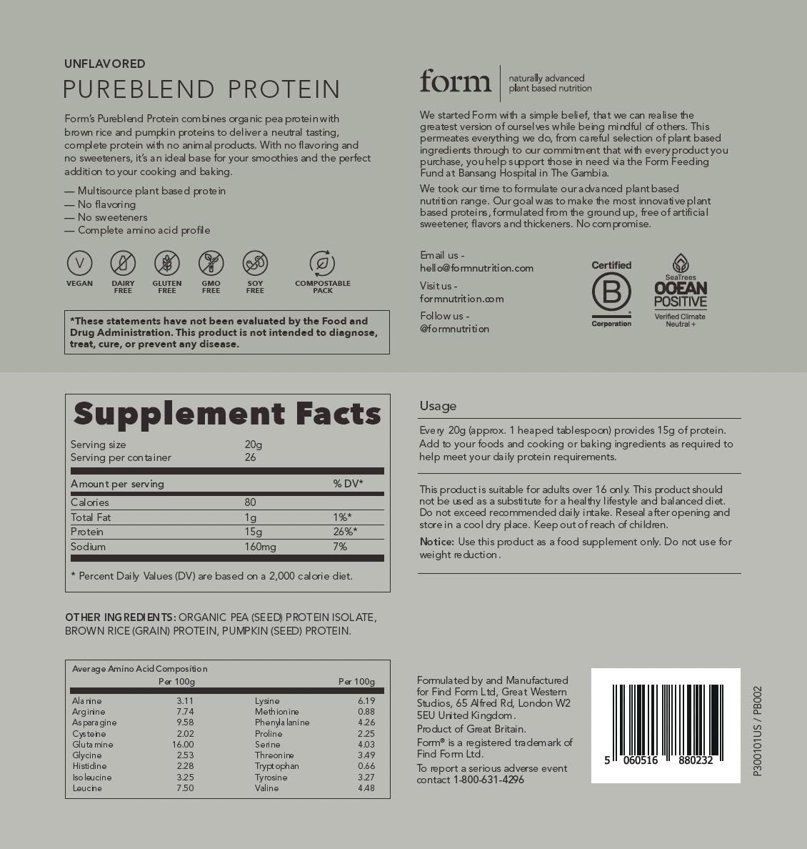 Form Pureblend Protein - Unsweetened and Unflavored Vegan Protein Powder - 15G of Plant Protein Powder Unflavored per Serving. Perfect for Your Smoothies, Cooking and Baking