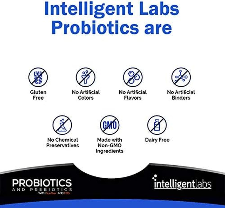 Intelligent Labs 50 Billion CFU Probiotic with Prebiotics, No Refrigeration Needed, with Sunfiber and FOS for 10X More Effectiveness, 60 Days Supply per Bottle, Third-Party Verified for Purity