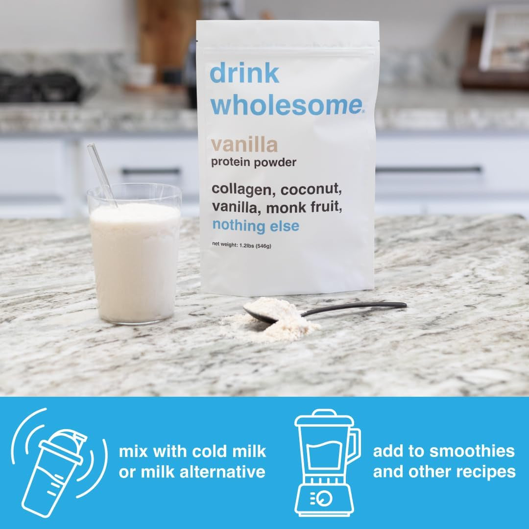 Drink Wholesome Vanilla Collagen Protein Powder | for Sensitive Stomachs | Gut Friendly | Additive & Dairy Free | No Artificial Sweeteners | No Bloating, Farts or Gas | No Constipation or Diarrhea
