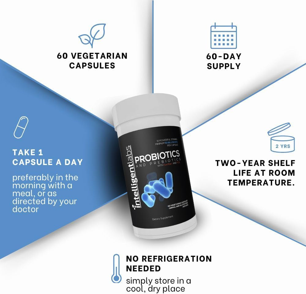 Intelligent Labs 50 Billion CFU Probiotic with Prebiotics, No Refrigeration Needed, with Sunfiber and FOS for 10X More Effectiveness, 60 Days Supply per Bottle, Third-Party Verified for Purity