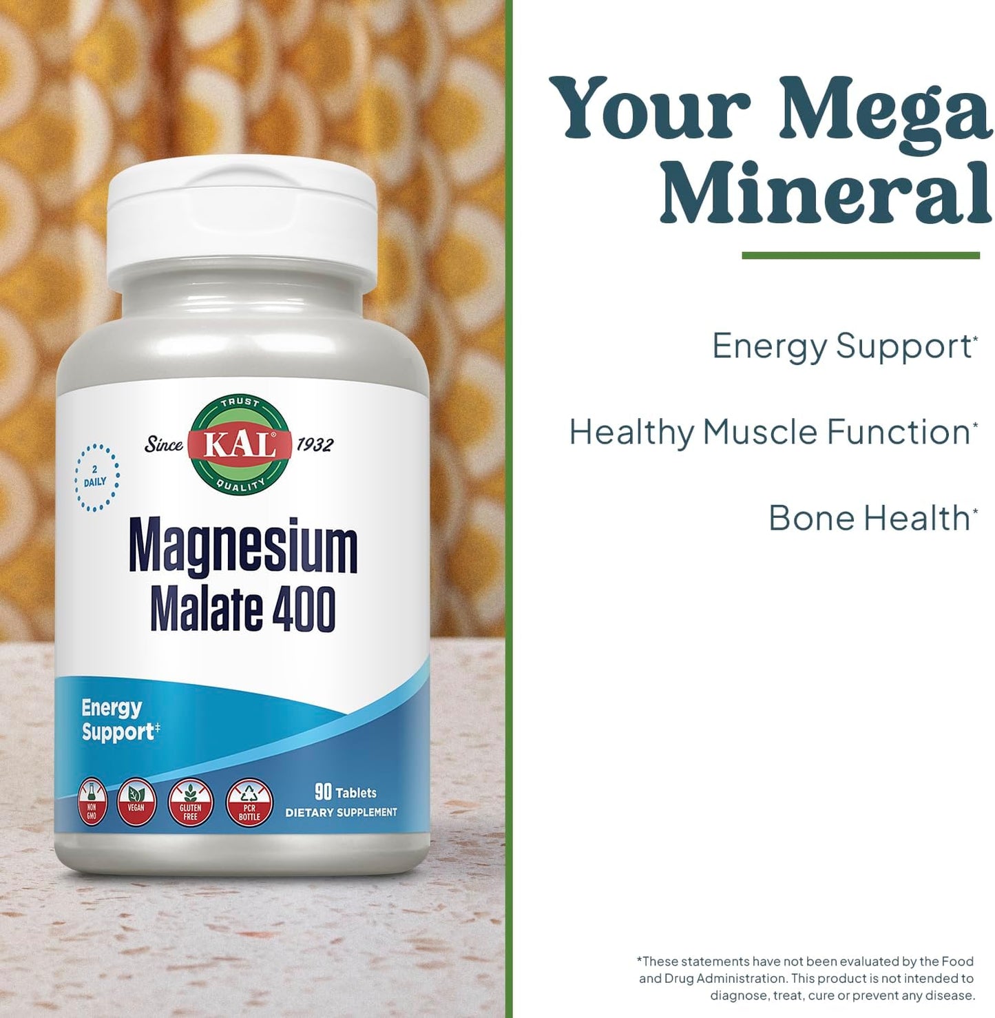 KAL Magnesium Malate 400Mg, Chelated Magnesium Supplement with Malic Acid, Healthy Energy & Muscle Function Support, Enhanced Absorption, Vegan, Non-Gmo, 45 Servings, 90 Veg Tabs