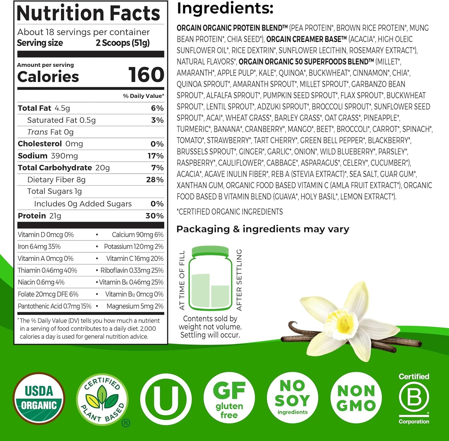 Orgain Organic Vegan Protein + 50 Superfoods Powder, Vanilla Bean - 21G Plant Based Protein, 8G Prebiotic Fiber, No Lactose Ingredients, Gluten Free, No Added Sugar, Non-Gmo, 2.02 Lb