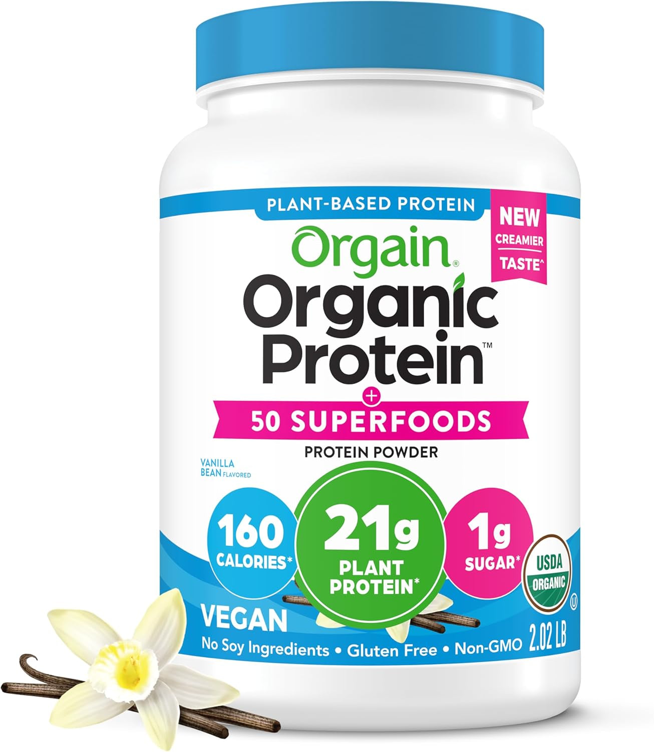 Orgain Organic Vegan Protein + 50 Superfoods Powder, Vanilla Bean - 21G Plant Based Protein, 8G Prebiotic Fiber, No Lactose Ingredients, Gluten Free, No Added Sugar, Non-Gmo, 2.02 Lb