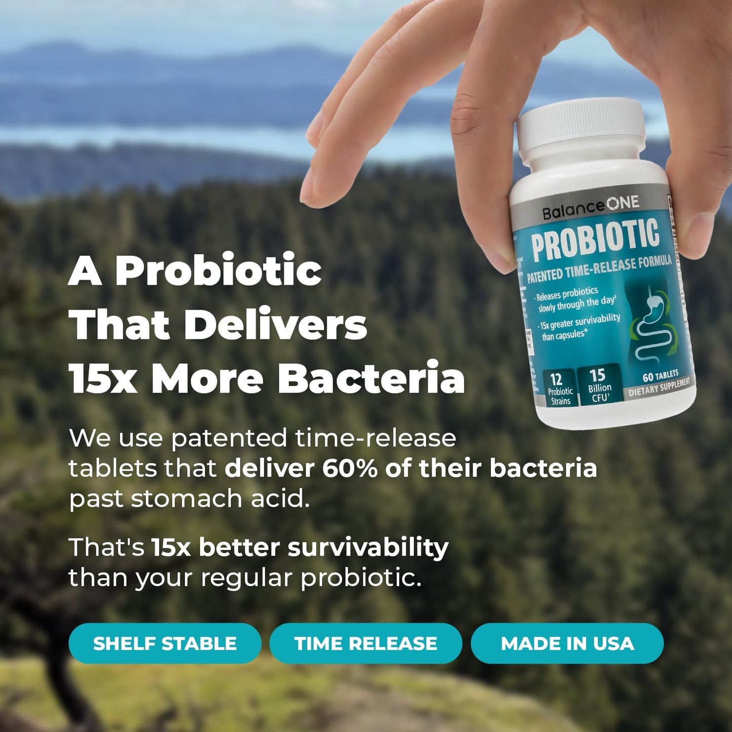 Balance ONE Probiotic for Women & Men – Time-Release Tablets for 15X Survivability – 12-Strain Formula with L. Plantarum & L. Acidophilus – Gut & Digestive Health Support – 60 Tablets (30-Day Supply)