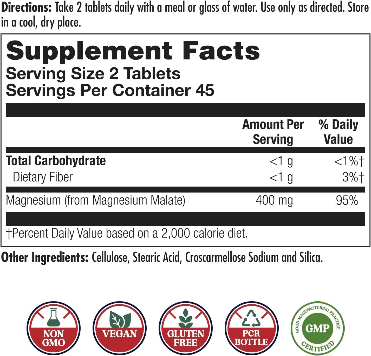 KAL Magnesium Malate 400Mg, Chelated Magnesium Supplement with Malic Acid, Healthy Energy & Muscle Function Support, Enhanced Absorption, Vegan, Non-Gmo, 45 Servings, 90 Veg Tabs