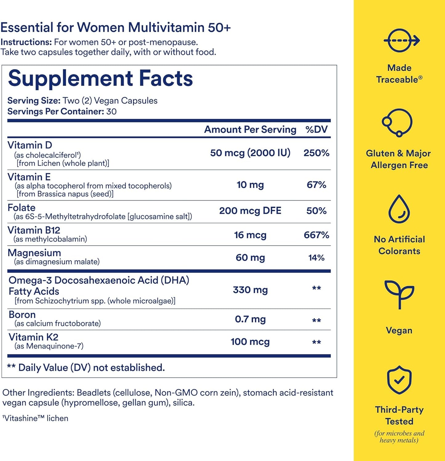 Ritual Multivitamin for Women 50+, Menopause Supplements with Vitamin D3, K2 and Magnesium for Bone Support*, Omega-3 DHA, Vitamin B12, Non-Gmo, Mint Essenced, 30 Day Supply, 60 Vegan Capsules