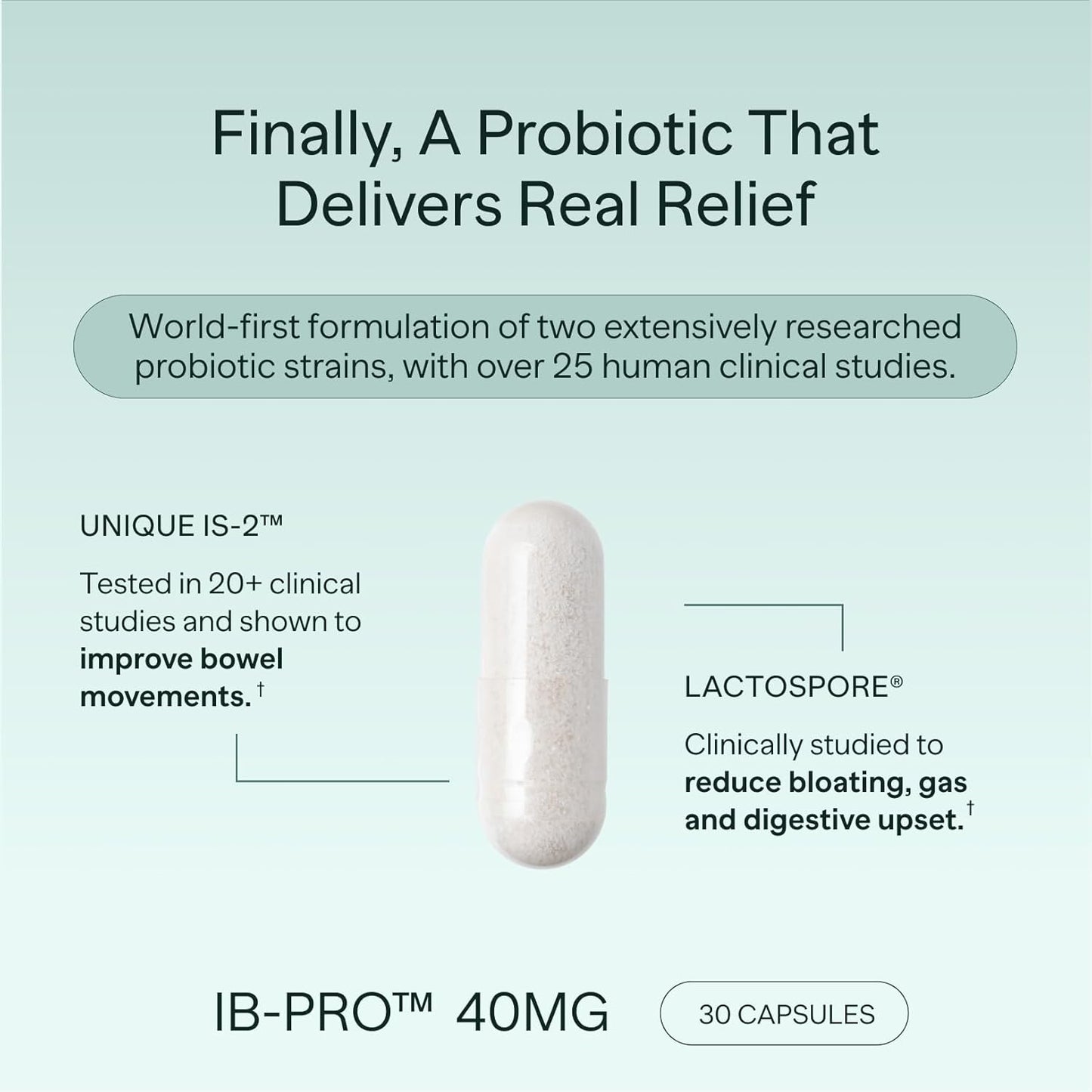 IB-PRO Bacillus Coagulans Probiotic - 2-1 Lactospore & Unique Is-2 for Occasional Constipation, Bloating & Digestive Upset - 3Rd Party Verified - 30 Capsules