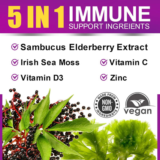 Elderberry Gummies & Irish Sea Moss, Organic Sambucus Elderberry Gummy with Seamoss, Zinc, Vitamin C, D3, Multivitamin Elderberry Vitamin & Energy Support Supplements - Sugar-Free