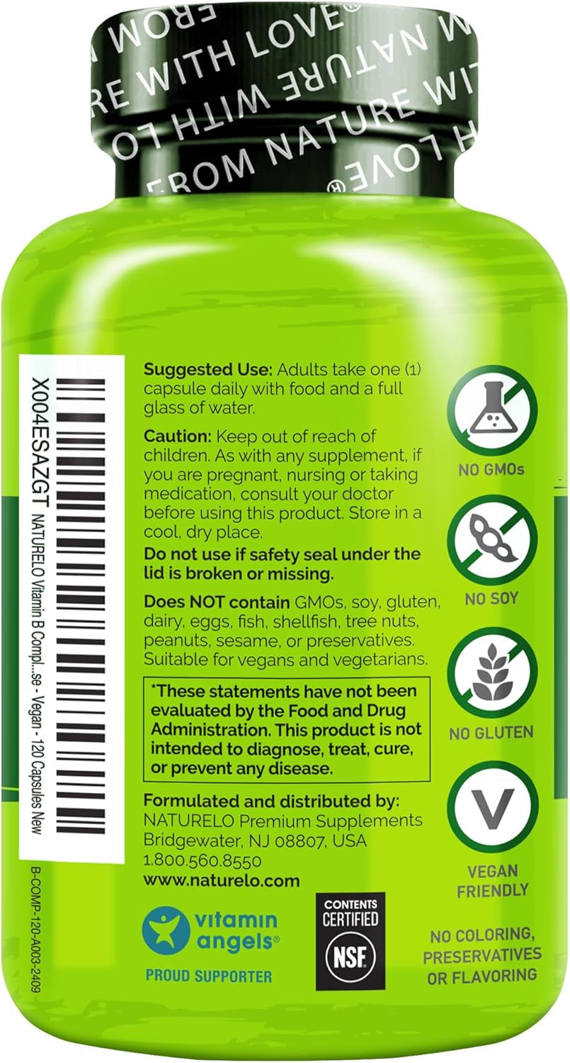 NATURELO Vitamin B Complex with Methyl B12, Methyl Folate, Vitamin B6, Biotin plus Choline, Coq10, and Fruit & Vegetable Blend - Supports Energy & Healthy Stress Response - Vegan - 120 Capsules