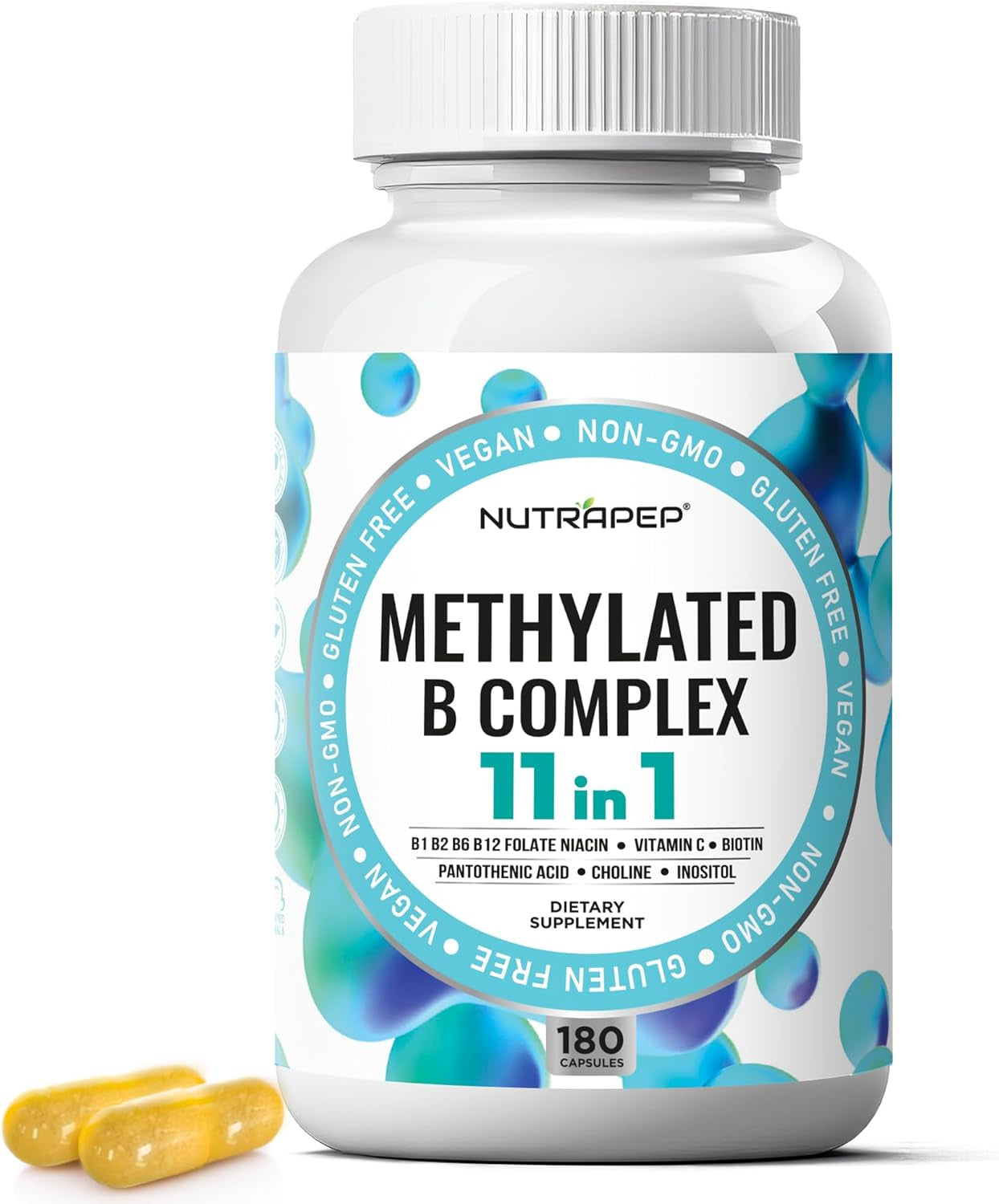 Methylated B-Complex Vitamins - Complete Methyl B Complex Multivitamin with Bioactive B9 5-MTHF B6 B12 - MTHFR Support Supplement for Brain Heart Energy - Vegan Gluten Free Sugar Free