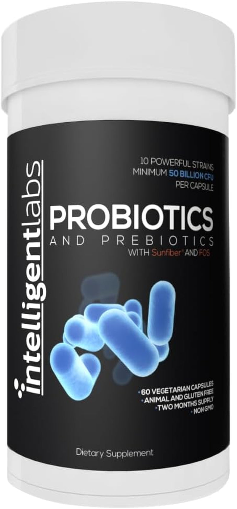 Intelligent Labs 50 Billion CFU Probiotic with Prebiotics, No Refrigeration Needed, with Sunfiber and FOS for 10X More Effectiveness, 60 Days Supply per Bottle, Third-Party Verified for Purity
