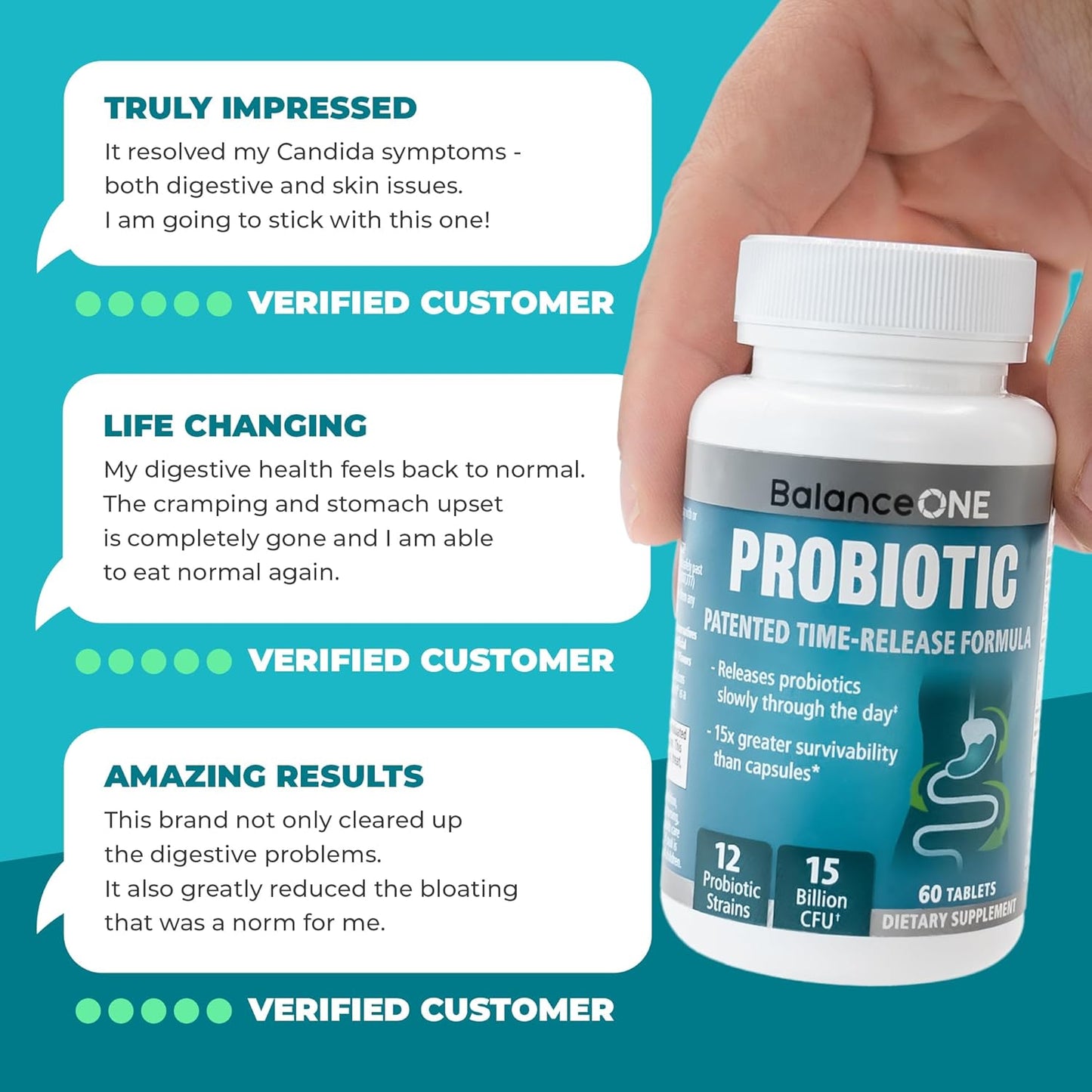 Balance ONE Probiotic for Women & Men – Time-Release Tablets for 15X Survivability – 12-Strain Formula with L. Plantarum & L. Acidophilus – Gut & Digestive Health Support – 60 Tablets (30-Day Supply)