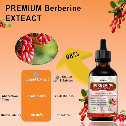 Berberine Liuqid Drop, Supports Immune System & Gastrointestinal Care - with Turmeric, Bitter Melon, Milk Thistle, Ceylon Cinnamon, Berberine Veggie Supplement for Heart Health Support