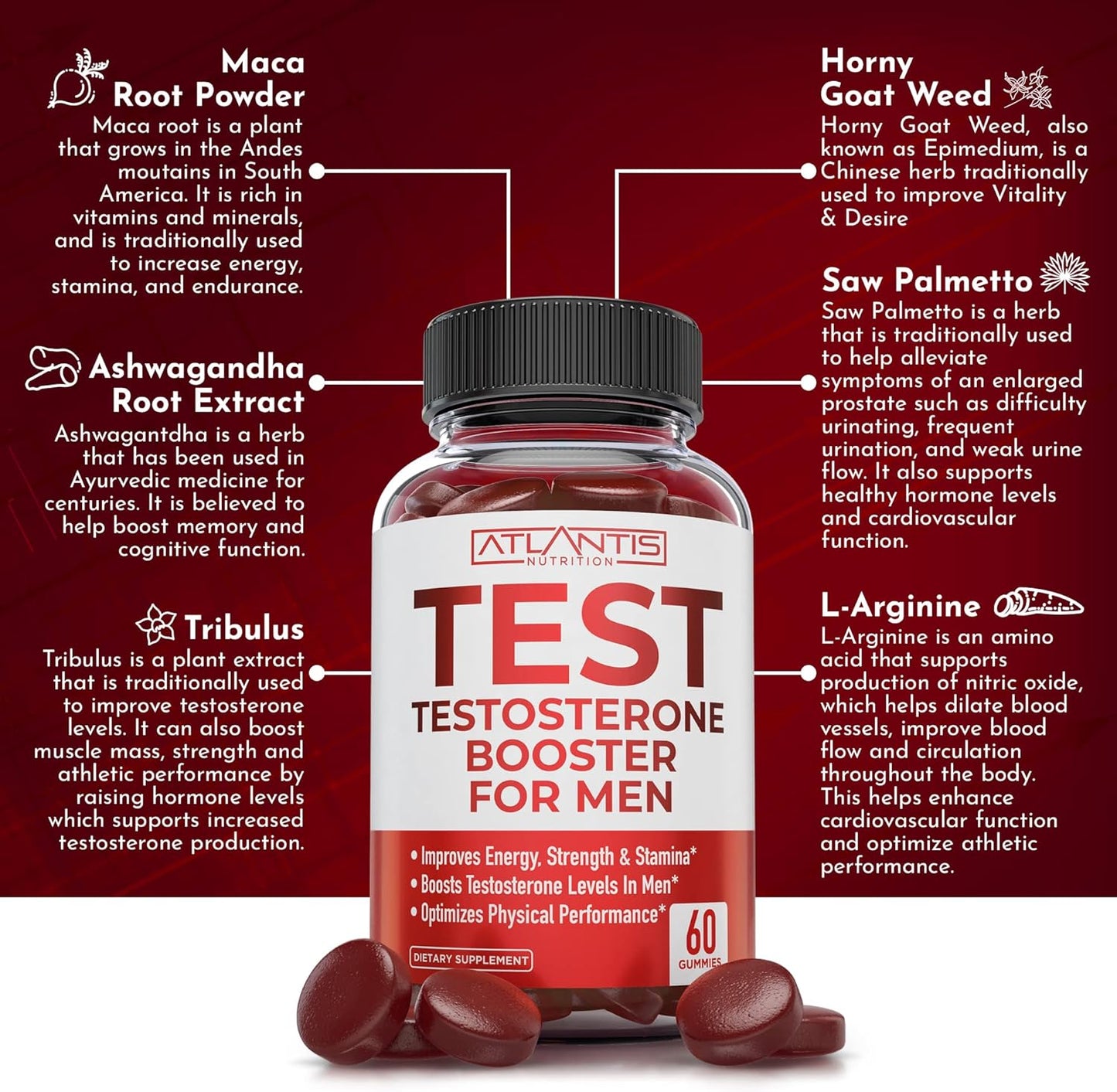 Atlantis Nutrition Testosterone Booster for Men Gummies - Male Enhancement, Boosts Energy, & Optimizes Physical Performance Formulated W/Tribulus, Horny Goat Weed, Saw Palmetto, Maca Root - 60 Gummies