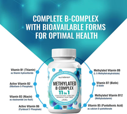 Methylated B-Complex Vitamins - Complete Methyl B Complex Multivitamin with Bioactive B9 5-MTHF B6 B12 - MTHFR Support Supplement for Brain Heart Energy - Vegan Gluten Free Sugar Free
