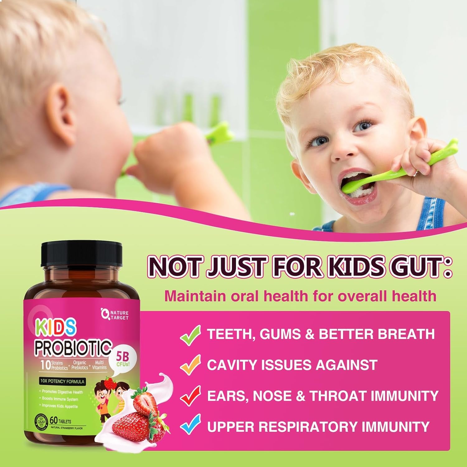 NATURE TARGET Kids Probiotic Chewable, 5 Billion Cfus Probiotics + Prebiotics for Ages 3+, Probiotics for Digestive Health, Immune Support & Appetite Booster, Natural Strawberry Flavor, 75 Servings