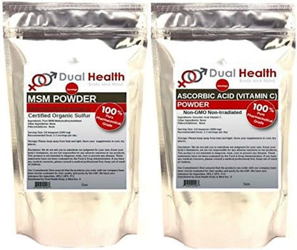 Dual Health Body & Mind (5 Lb) Bag of Each Ascorbic Acid Vitamin C & MSM Methylsulfonylmethane Powder Combo
