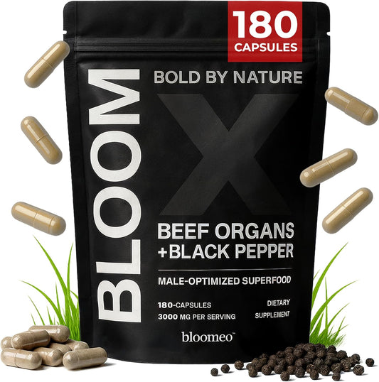 Beef Organ Supplement for Men | 100% Grass Fed Beef Liver Capsules with Bull Testicle, Prostate, Bone Marrow & More | Bloom X - Ancestral Superfoods for Vital Energy, Immunity & Men’S Health | 180 Ct