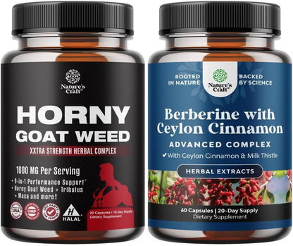 Bundle of Horny Goat Weed for Male Enhancement - Tongkat Ali Saw Palmetto Extract Panax Ginseng Black Maca Root for Stamina and Berberine with Ceylon Cinnamon - Heart Health and Sugar Support