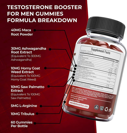 Atlantis Nutrition Testosterone Booster for Men Gummies - Male Enhancement, Boosts Energy, & Optimizes Physical Performance Formulated W/Tribulus, Horny Goat Weed, Saw Palmetto, Maca Root - 60 Gummies