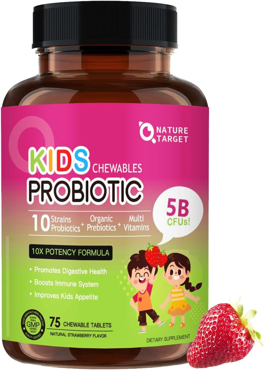NATURE TARGET Kids Probiotic Chewable, 5 Billion Cfus Probiotics + Prebiotics for Ages 3+, Probiotics for Digestive Health, Immune Support & Appetite Booster, Natural Strawberry Flavor, 75 Servings