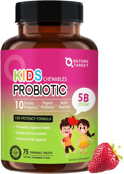 NATURE TARGET Kids Probiotic Chewable, 5 Billion Cfus Probiotics + Prebiotics for Ages 3+, Probiotics for Digestive Health, Immune Support & Appetite Booster, Natural Strawberry Flavor, 75 Servings