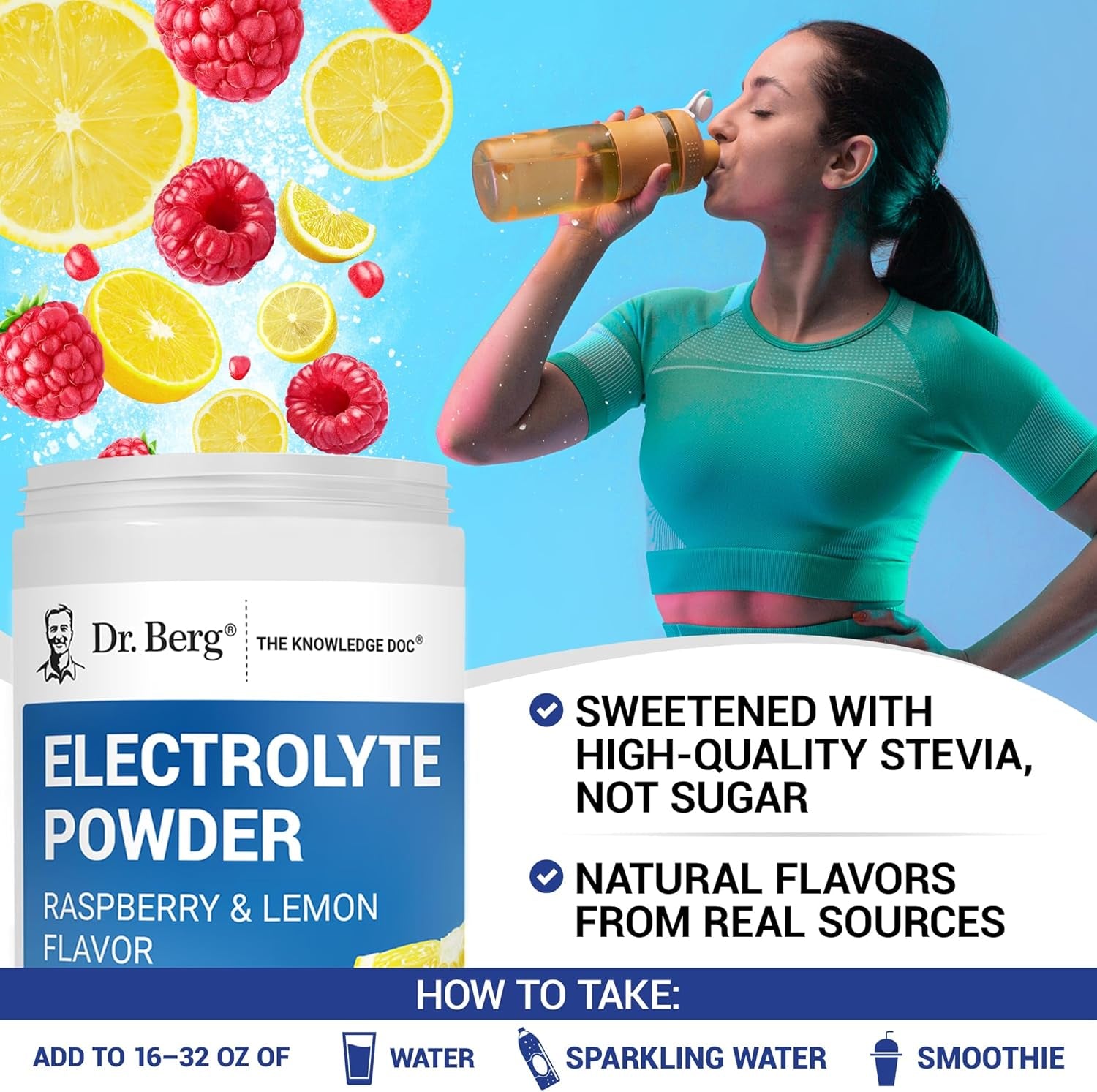 Dr. Berg Zero Sugar Hydration Keto Electrolyte Powder - Enhanced W/ 1000 Mg of Potassium & Real Pink Himalayan Salt (NOT Table Salt) - Raspberry & Lemon Flavor Hydration Drink Supplement, 100 Servings