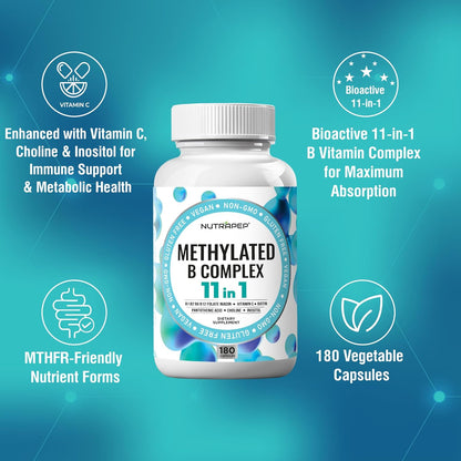 Methylated B-Complex Vitamins - Complete Methyl B Complex Multivitamin with Bioactive B9 5-MTHF B6 B12 - MTHFR Support Supplement for Brain Heart Energy - Vegan Gluten Free Sugar Free