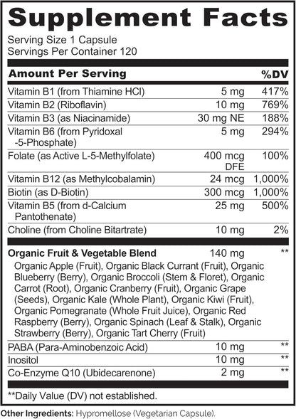 NATURELO Vitamin B Complex with Methyl B12, Methyl Folate, Vitamin B6, Biotin plus Choline, Coq10, and Fruit & Vegetable Blend - Supports Energy & Healthy Stress Response - Vegan - 120 Capsules