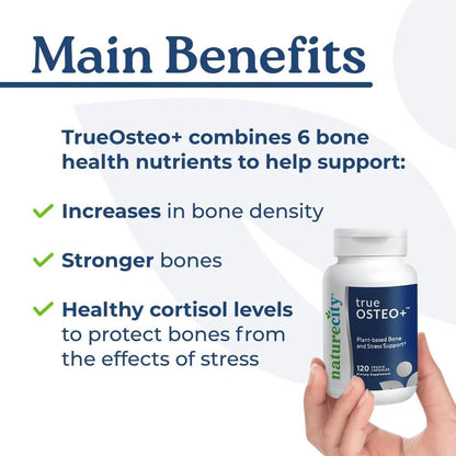 Naturecity True-Osteo Bone Support Supplement – Plant-Based Formula with Algaecal Calcium, Magnesium, Vitamin D3, K2 & Silicon | Gentle on Stomach (120 Veggie Capsules)