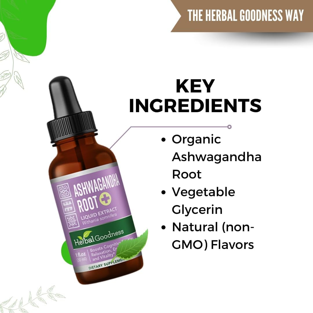 Ashwagandha Root Extract | Organic Ashwagandha Supplements for Women & Men | Natural Calm, Mood Support Supplement | Non-Gmo, Vegan, Adaptogenic, Fast Absorption, Liquid Drops 1 Fl. Oz