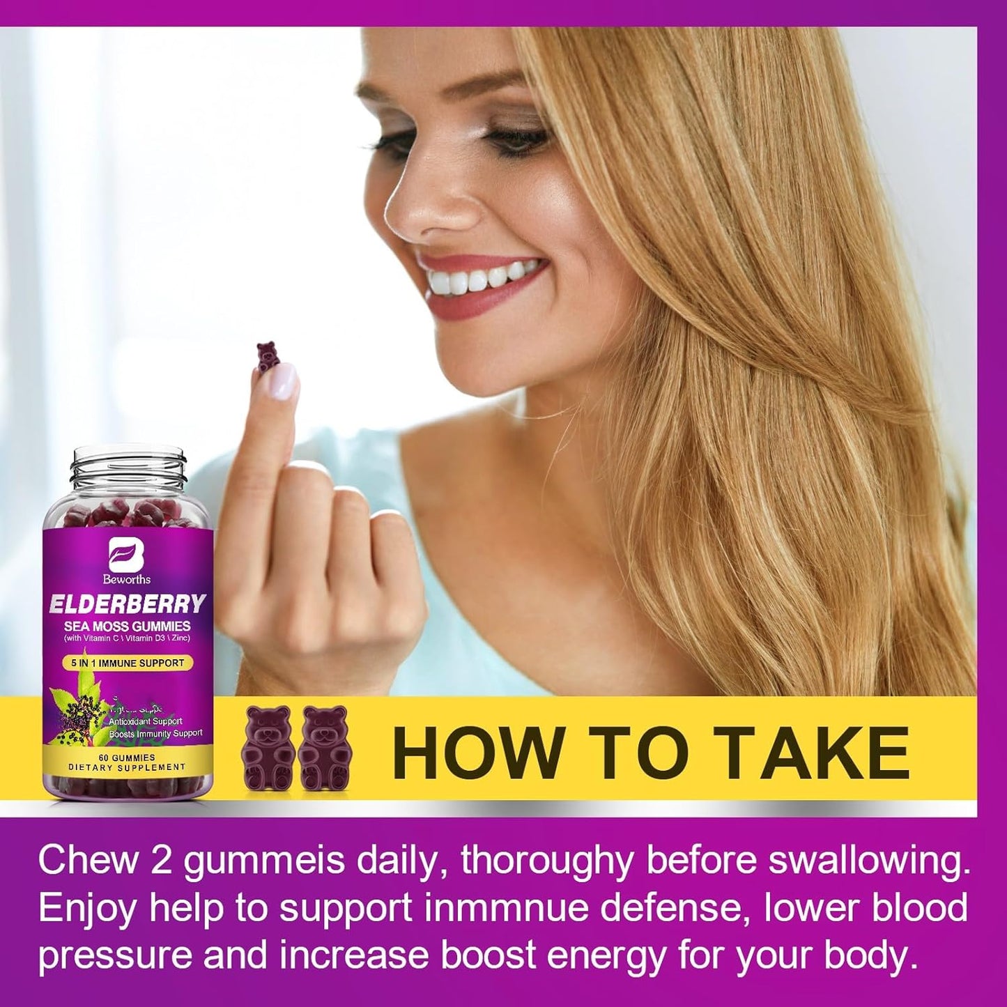 Elderberry Gummies & Irish Sea Moss, Organic Sambucus Elderberry Gummy with Seamoss, Zinc, Vitamin C, D3, Multivitamin Elderberry Vitamin & Energy Support Supplements - Sugar-Free