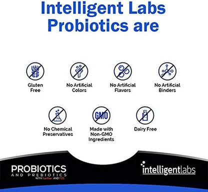 Intelligent Labs 50 Billion CFU Probiotic with Prebiotics, No Refrigeration Needed, with Sunfiber and FOS for 10X More Effectiveness, 60 Days Supply per Bottle, Third-Party Verified for Purity