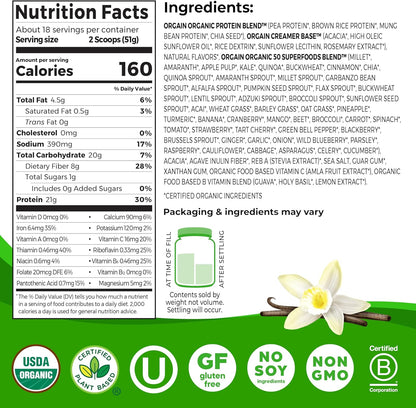 Orgain Organic Vegan Protein + 50 Superfoods Powder, Vanilla Bean - 21G Plant Based Protein, 8G Prebiotic Fiber, No Lactose Ingredients, Gluten Free, No Added Sugar, Non-Gmo, 2.02 Lb