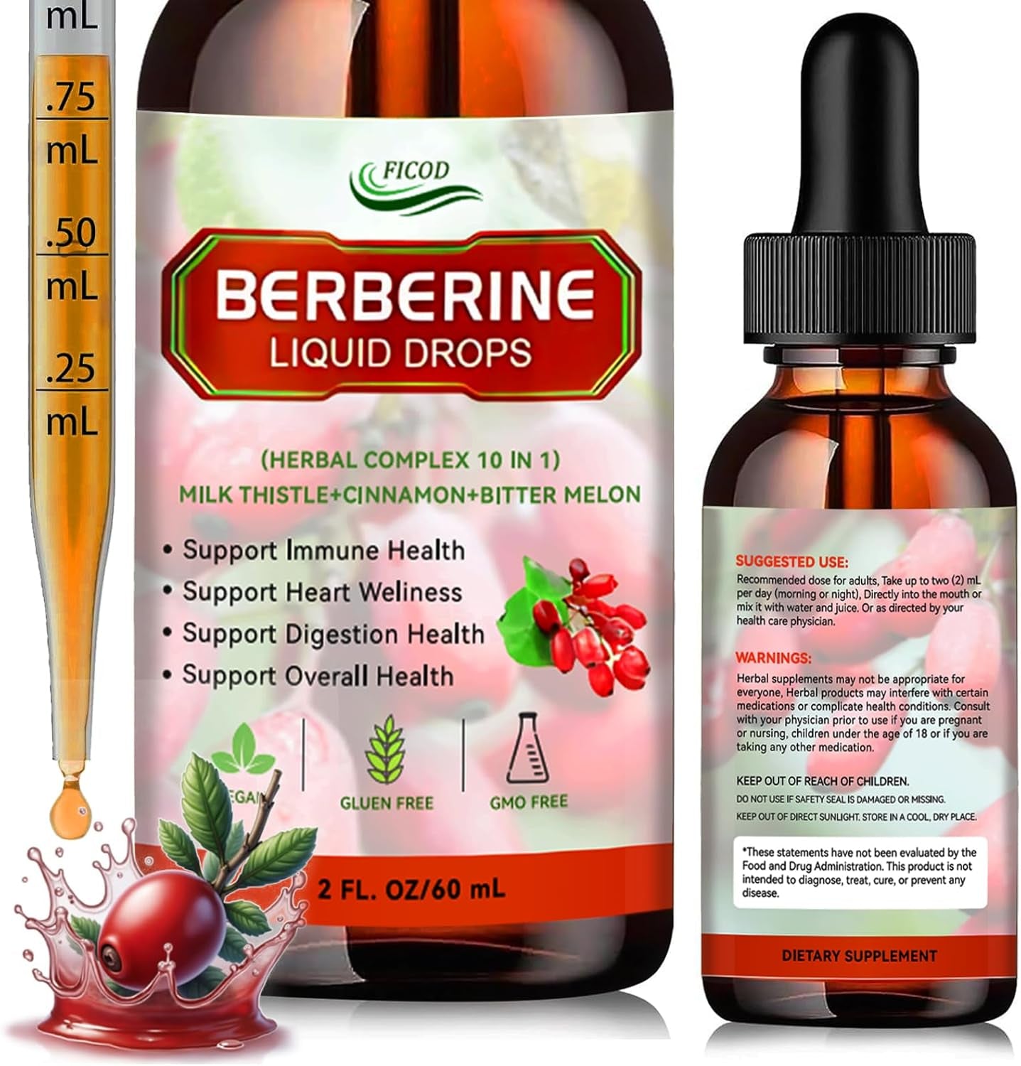 Berberine Liuqid Drop, Supports Immune System & Gastrointestinal Care - with Turmeric, Bitter Melon, Milk Thistle, Ceylon Cinnamon, Berberine Veggie Supplement for Heart Health Support