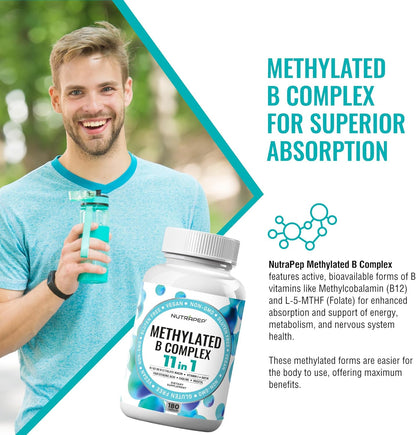 Methylated B-Complex Vitamins - Complete Methyl B Complex Multivitamin with Bioactive B9 5-MTHF B6 B12 - MTHFR Support Supplement for Brain Heart Energy - Vegan Gluten Free Sugar Free