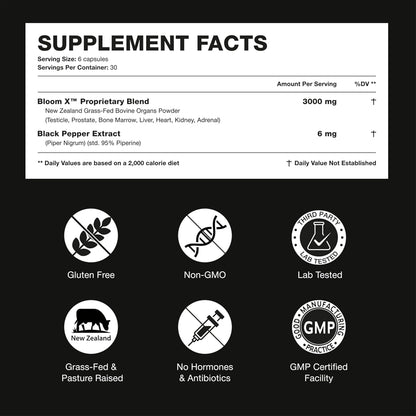 Beef Organ Supplement for Men | 100% Grass Fed Beef Liver Capsules with Bull Testicle, Prostate, Bone Marrow & More | Bloom X - Ancestral Superfoods for Vital Energy, Immunity & Men’S Health | 180 Ct