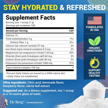 Dr. Berg Zero Sugar Hydration Keto Electrolyte Powder - Enhanced W/ 1000 Mg of Potassium & Real Pink Himalayan Salt (NOT Table Salt) - Raspberry & Lemon Flavor Hydration Drink Supplement, 100 Servings