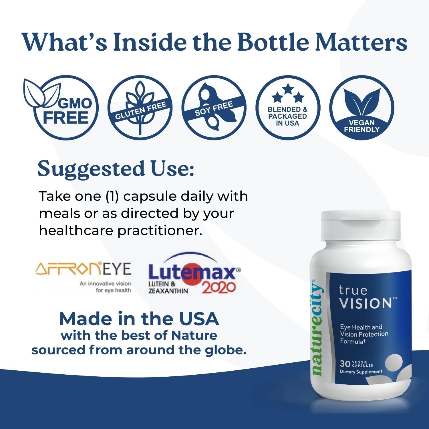 Naturecity True-Vision Eye Health Supplement - Plant-Based Lutein and Zeaxanthin with High Potency Saffron 20Mg - Blue Light Potection, Support Central and Night Vision (30 Veggie Capsules)