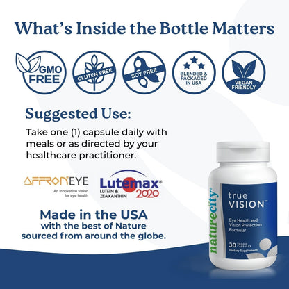 Naturecity True-Vision Eye Health Supplement - Plant-Based Lutein and Zeaxanthin with High Potency Saffron 20Mg - Blue Light Potection, Support Central and Night Vision (30 Veggie Capsules)