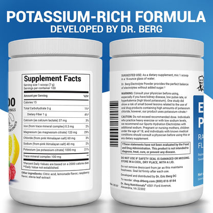 Dr. Berg Zero Sugar Hydration Keto Electrolyte Powder - Enhanced W/ 1000 Mg of Potassium & Real Pink Himalayan Salt (NOT Table Salt) - Raspberry & Lemon Flavor Hydration Drink Supplement, 100 Servings