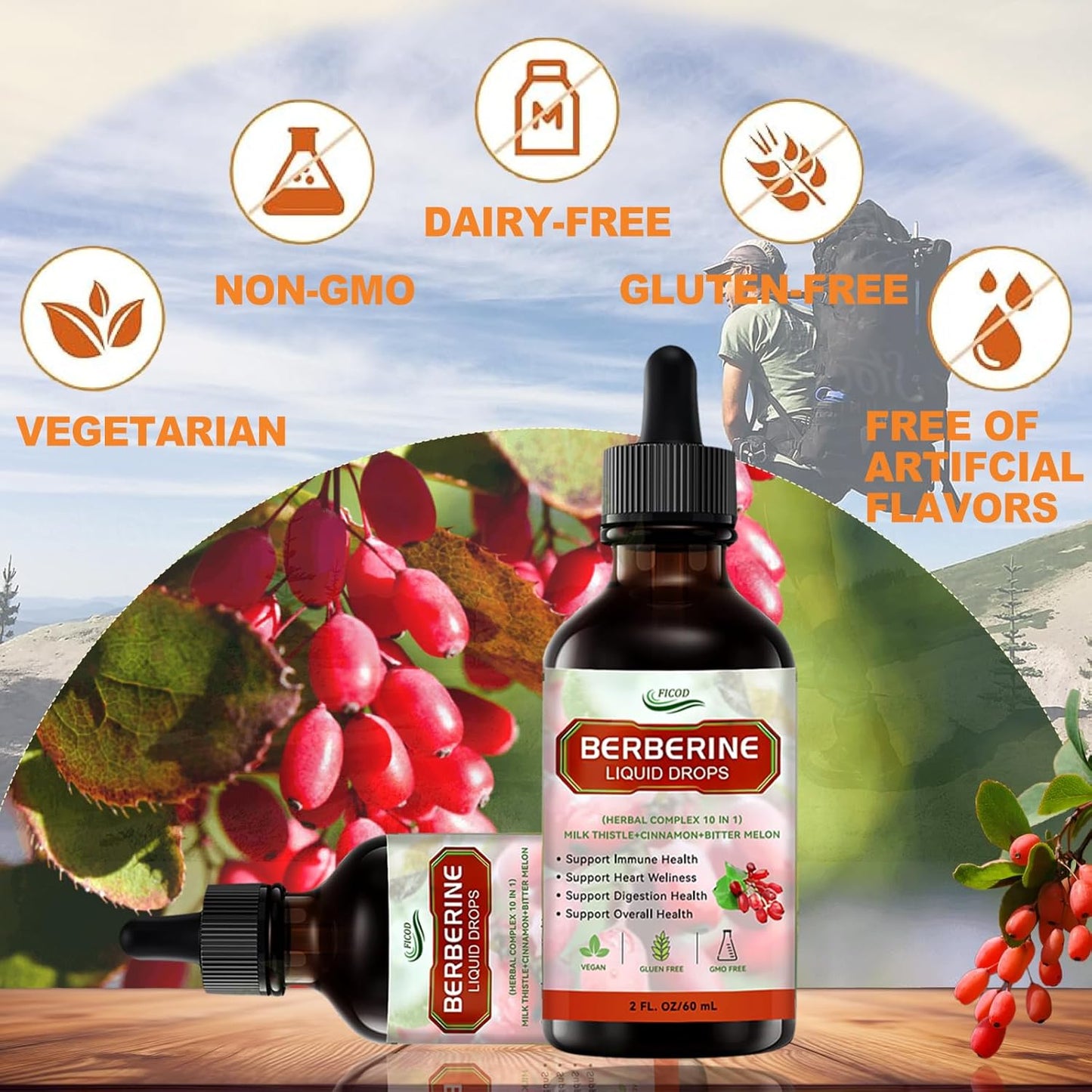 Berberine Liuqid Drop, Supports Immune System & Gastrointestinal Care - with Turmeric, Bitter Melon, Milk Thistle, Ceylon Cinnamon, Berberine Veggie Supplement for Heart Health Support