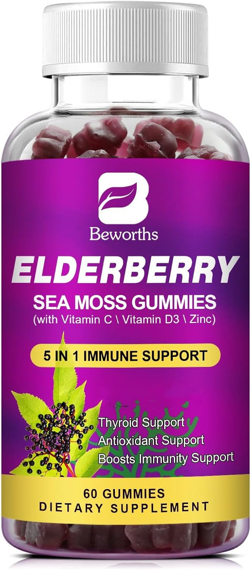 Elderberry Gummies & Irish Sea Moss, Organic Sambucus Elderberry Gummy with Seamoss, Zinc, Vitamin C, D3, Multivitamin Elderberry Vitamin & Energy Support Supplements - Sugar-Free