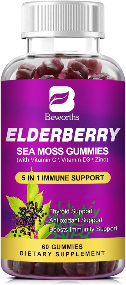 Elderberry Gummies & Irish Sea Moss, Organic Sambucus Elderberry Gummy with Seamoss, Zinc, Vitamin C, D3, Multivitamin Elderberry Vitamin & Energy Support Supplements - Sugar-Free